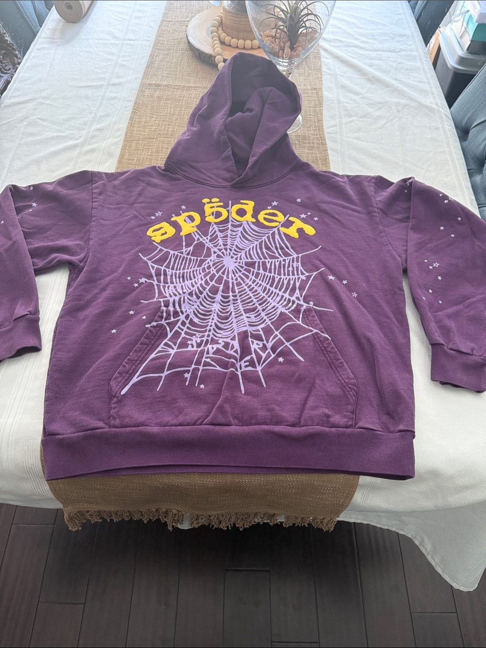 Spyder Purple Hoodie with White Spider Web and Yellow Logo